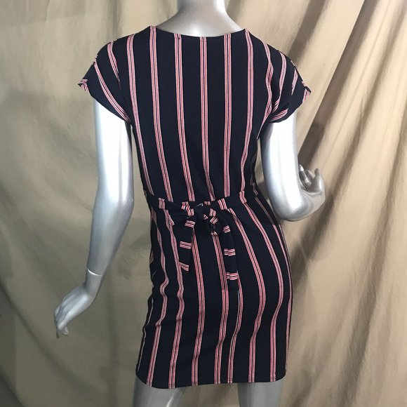 Rebel Sugar Women's Small Striped Blue Red Short Body-con Style Dress Faux Wrap - Picture 8 of 16